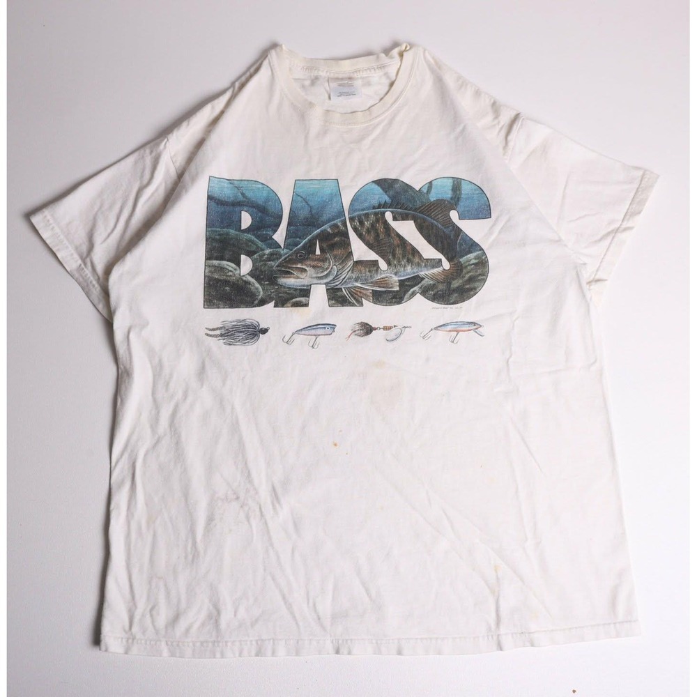 Vintage Hanes Bass Fishing Graphic T-Shirt XL White Impulse Wear Lures Tee